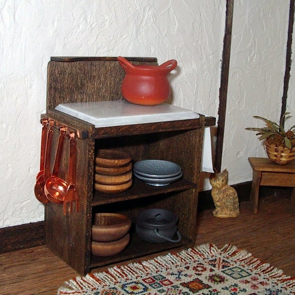 Rustic Kitchen Cabinet with Chopping Block, Dollhouse Miniature 1/12 Scale