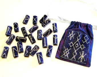 Purple & Silver Elder Futhark Runic Beaded Beard Beads and Amulet Bag, Handmade OOAK