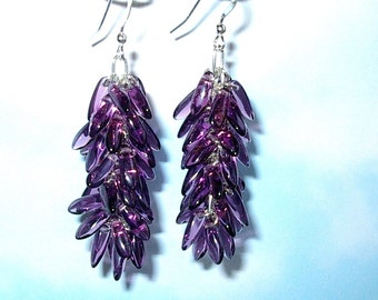 Purple Shimmer Dangle Earrings with Dagger Beads, Handmade