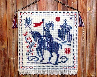 Medieval Knight Cross-Stitch Tapestry, Dollhouse Miniature 1/12 Scale, Hand Made