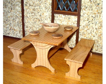 Maple Trestle Table & Benches, Dollhouse Miniature 1/12 Scale, Hand Made