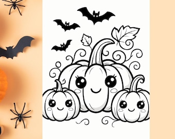 May include: Black and white illustration of three smiling pumpkins with curly vines and leaves, and three bats flying above. The pumpkins have large eyes and curved smiles. The background is a light orange color.