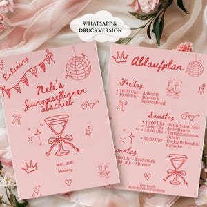 Könnte beinhalten: Zwei rosa Event-Einladungskarten mit rotem Text und Illustrationen. Die Karten zeigen eine Discokugel, ein Cocktailglas und den Text "Neli's Junggesellinnenabschied" und "Ablaufplan". Die Karten sind von rosa Blumen und Stoff umgeben.