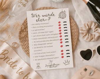 Wer würde eher JGA Spiel zum Ausdrucken | Junggesellinnenabschied Spiel PDF | JGA Spiele | Bridal Shower Spiel Deutsch | Team Braut Spiel