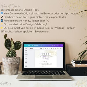 May include: A laptop displaying a Canva design interface, with text in German. A potted cactus and a woven basket are on the left. The screen shows a design with text and a signature. The text on the screen says "Brittany".