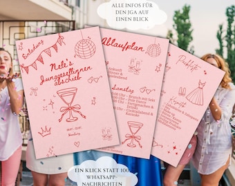 JGA Einladung + Ablaufplan & Packliste Vorlage 3-seitig, Junggesellinnenabschied planen, rosa Design digital, Ausdrucken oder WhatsApp, A5