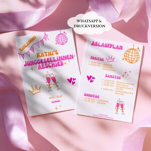 Könnte beinhalten: Zwei weiße Karten mit rosa und orangefarbenen Grafiken und Text, wahrscheinlich Einladungen oder Veranstaltungspläne, werden auf einer rosa Oberfläche mit Bändern angezeigt. Die Karten zeigen Illustrationen von Sektgläsern, Kronen und Discokugeln.