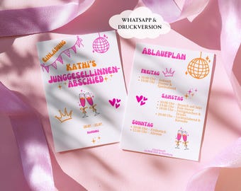 JGA Einladung & Ablaufplan Vorlage 2-seitig, Junggesellinnenabschied Wochenende, Pink Trend Design digital, zum Ausdrucken oder WhatsApp, A5