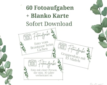 60 Fotoaufgaben Hochzeit | Canva Vorlage | Hochzeitsspiel zum Ausdrucken | Fotobox Spiel A4 | Eukalyptus Design | Digital Download | Fotos