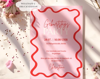 Digitale Einladung Geburtstag, Geburtstagseinladung, rot rosa pink, Einladungskarte, Canva Vorlage, Ausdrucken, WhatsApp, Party, deutsch, 30