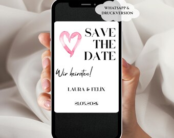 Save the Date Vorlage rosa | Digitale Hochzeitseinladung WhatsApp & Druck A5 |  Einladung deutsch Hochzeit Verlobung Herz | Sofort Download
