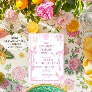 May include: A floral-themed party invitation with the text "The Summer I Turned Thirteen" in pink and white. The invitation is decorated with seashells, starfish, and pink ribbons. The image includes flowers, citrus fruits, and glassware.