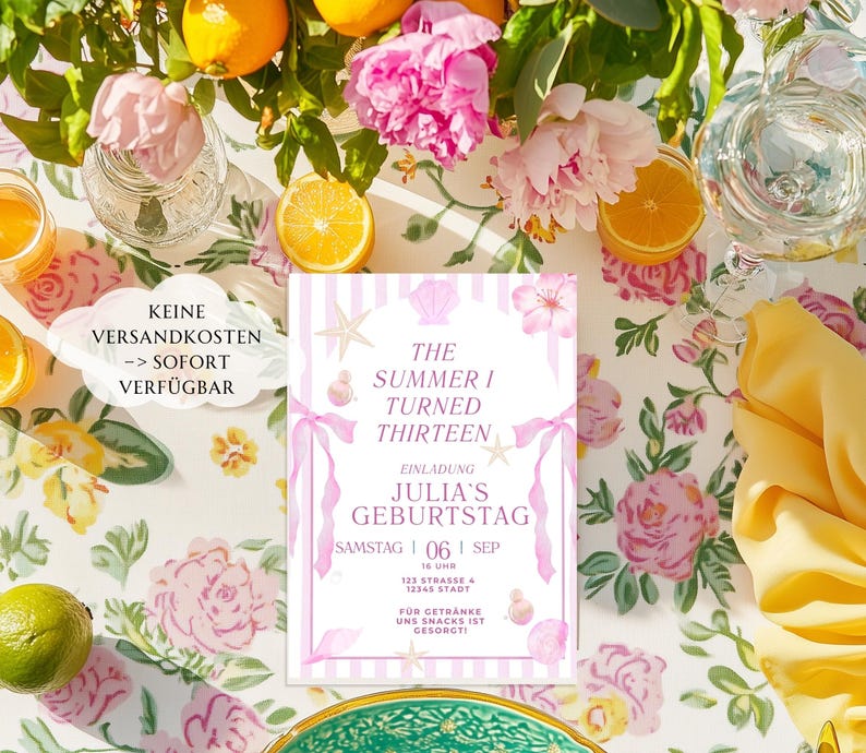 May include: A floral-themed party invitation with the text "The Summer I Turned Thirteen" in pink and white. The invitation is decorated with seashells, starfish, and pink ribbons. The image includes flowers, citrus fruits, and glassware.
