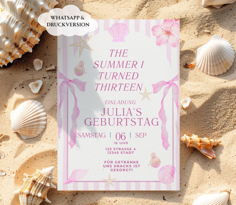 May include: A birthday invitation with a beach theme. The invitation is white with pink accents, featuring text that reads "The Summer I Turned Thirteen." Decorative elements include seashells, starfish, and flowers. The invitation is surrounded by seashells on a sandy surface.