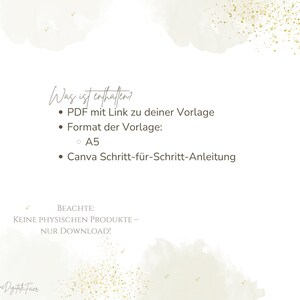 May include: A digital product advertisement on a white background with gold accents. The text in the image states the product includes a PDF with a link to a template, A5 format, and Canva instructions. The bottom of the image states "NO PHYSICAL PRODUCTS - DOWNLOAD ONLY!"