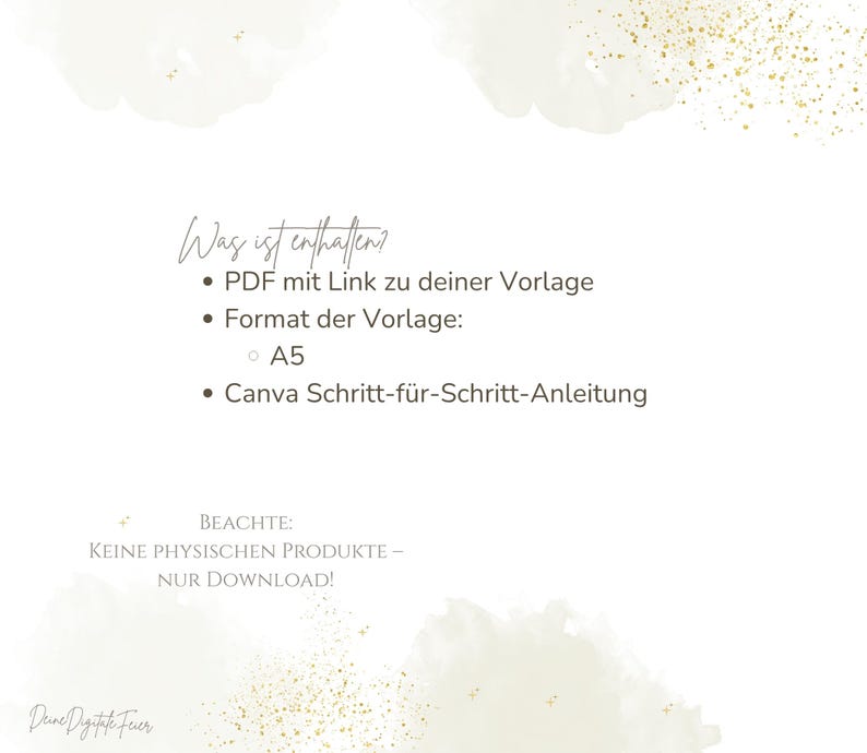 May include: A digital product advertisement on a white background with gold accents. The text in the image states the product includes a PDF with a link to a template, A5 format, and Canva instructions. The bottom of the image states "NO PHYSICAL PRODUCTS - DOWNLOAD ONLY!"