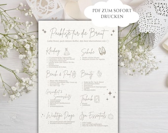 JGA Packliste Braut | PDF zum Ausdrucken | Checkliste Junggesellinnenabschied A5 | Digital Download | Creme Beige | Sofort Download | Bride