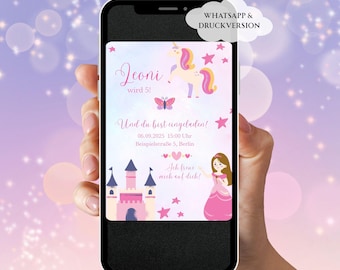 Einladung Kindergeburtstag Einhorn zum Ausdrucken, Mädchen Geburtstag, Prinzessin Party, rosa, Pferde, digitale Einladung WhatsApp, deutsch