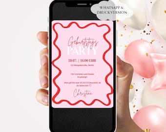 Digitale Einladung Geburtstag, Geburtstagseinladung, rot rosa pink, Einladungskarte, Canva Vorlage, Ausdrucken, WhatsApp, Party, deutsch, 30