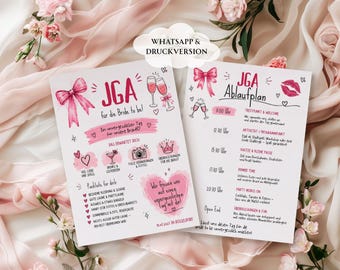 JGA Einladung, Packliste & Ablaufplan Vorlage 2-seitig, Junggesellinnenabschied Wochenende, Rosa Design digital, Ausdrucken, WhatsApp, A5