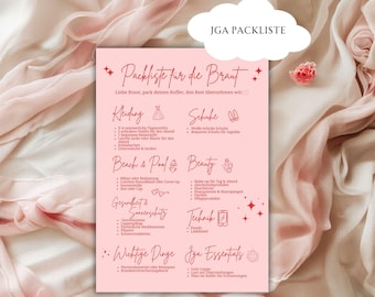 Packliste JGA Braut | Canva Vorlage Deutsch | A5 Checkliste Junggesellinnenabschied Beige | Digital Download | rosa rot | Sofort Download