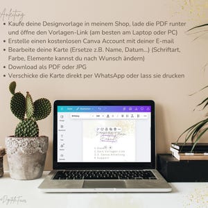 May include: A laptop displaying a digital design template with the text "Brittany" and instructions in German. A potted cactus and a woven basket are on the left. The laptop is on a white surface.
