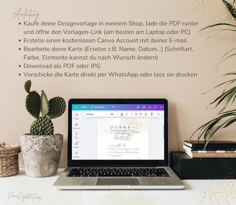 May include: A laptop displaying a digital design template with the text "Brittany" and instructions in German. A potted cactus and a woven basket are on the left. The laptop is on a white surface.