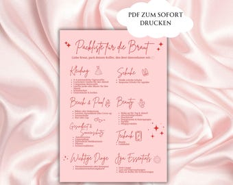 Packliste Braut JGA | PDF zum Ausdrucken | Checkliste Junggesellinnenabschied A5 | Digital Download | rosa rot | Sofort Download | Bride