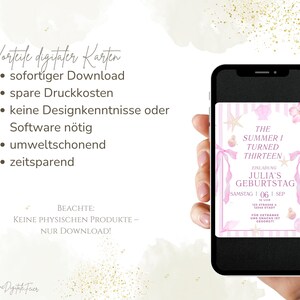 May include: A smartphone displays a digital birthday invitation with a pink and white striped background, seashells, and floral accents. The text reads "The Summer I Turned Thirteen" and "Julia's Geburtstag."
