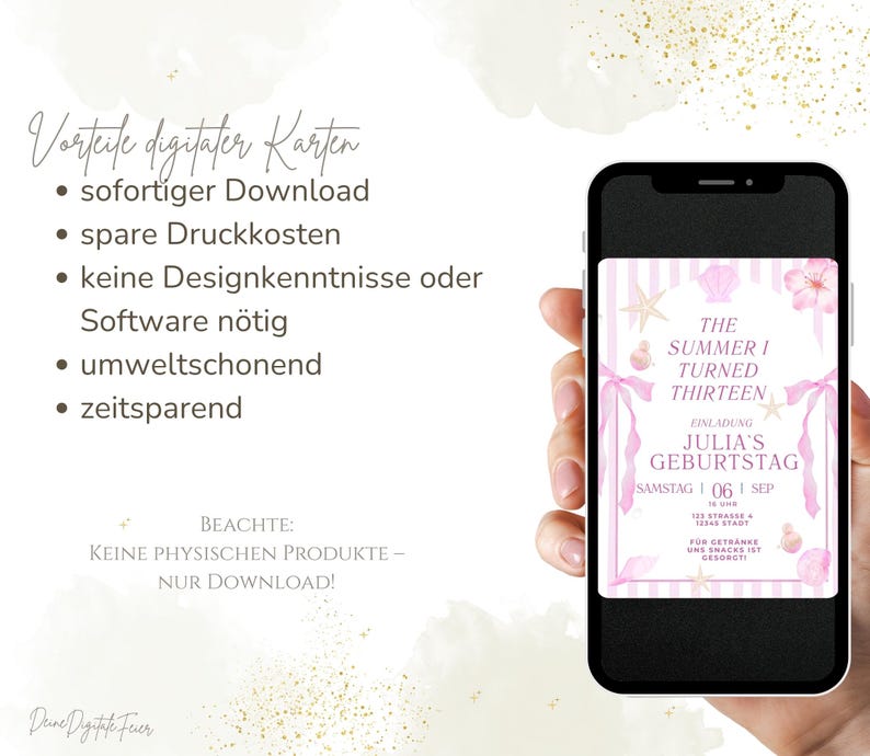 May include: A smartphone displays a digital birthday invitation with a pink and white striped background, seashells, and floral accents. The text reads "The Summer I Turned Thirteen" and "Julia's Geburtstag."