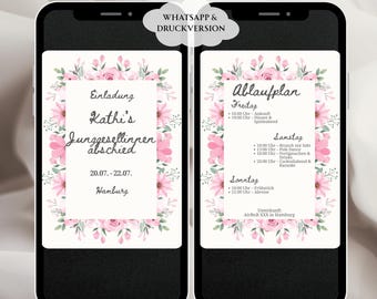 JGA Einladung & Ablaufplan Vorlage 2-seitig digital, Junggesellinnenabschied Wochenende, Rosa Rosen Design, zum Ausdrucken oder WhatsApp, A5