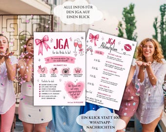 JGA Einladung + Packliste + Ablaufplan,  Vorlage 2-seitig, Junggesellinnenabschied Wochenende, Rosa Design digital, Ausdrucken, WhatsApp, A5