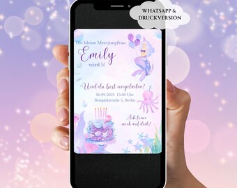 Einladung Kindergeburtstag Meerjungfrau, Mädchen Geburtstag, Meerjungfrauen Party, pink, lila, Einladung Vorlage, digital WhatsApp, deutsch