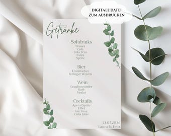 Getränkekarte Hochzeit Eukalyptus | Getränkemenü deutsch | Hochzeitsgetränkekarte A5 personalisierbar PDF | Cocktailkarte | Sofort Download