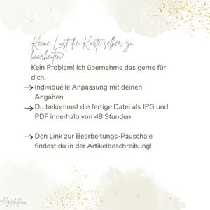 May include: A digital art print with text in German, featuring a watercolor background with gold glitter accents. The text reads: "Keine Lust die Karte selber zu bearbeiten?" and offers custom card editing services.