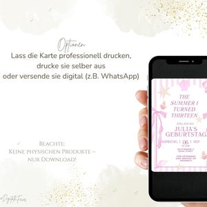 May include: A smartphone displays a pink and white birthday invitation with seashell and floral accents. The invitation reads "The Summer I Turned Thirteen" and includes details for Julia's birthday. The image also includes text in German.