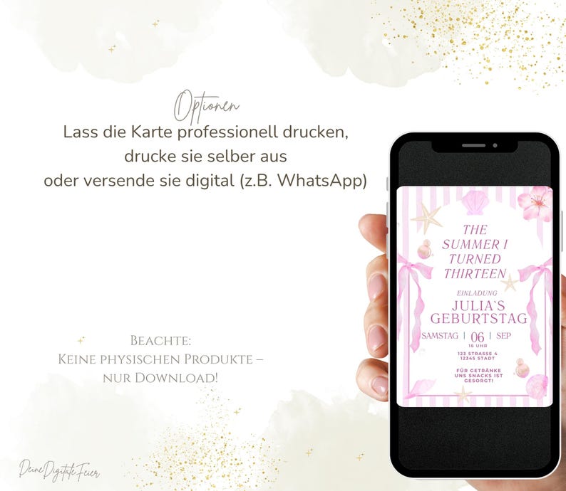May include: A smartphone displays a pink and white birthday invitation with seashell and floral accents. The invitation reads "The Summer I Turned Thirteen" and includes details for Julia's birthday. The image also includes text in German.