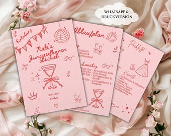 JGA Einladung, Ablaufplan & Packliste Vorlage 3-seitig, Junggesellenabschied Wochenende, rosa Design digital, Ausdrucken oder WhatsApp, A5