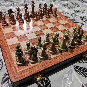 Wooden Chess Set - Handmade Chess Set - Antique Chess Set - Modern Chess Set - Travel Chess Set -  Metal Pieces - Vintage Chess Set