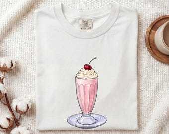 Milkshake Glass Shirt Desserts Foodie Gift Women Hand Drawn Tee Milkshake T-Shirt Sweets Fan Milk Art Tshirt Food Graphic Retro Cherry