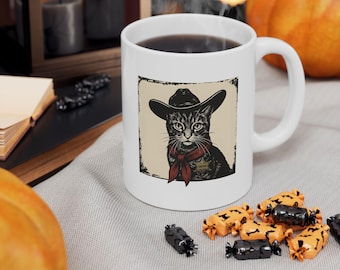 Western Cat Gift Cowboy Cat Shirt Sweatshirt Mug Tote Bag Canvas Wall Art Retro Kitty Feline Sketch Badge Cowboy Graphic Decor