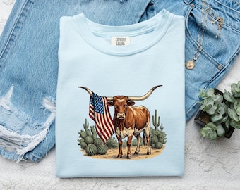 Longhorn Cow Shirt America Western Gift Women Country Tee Bull T-Shirt Patriot Fan Rustic Tshirt Rodeo Graphic Vintage Cactus Tshirt