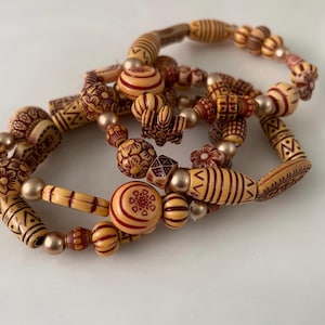 Boho Tribal  Bracelet  – Wooden Beads, Earthy Tones, Handmade Stretch Bracelet