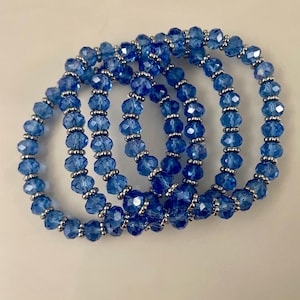 Blue Crystal Beaded Stretch Bracelet: Handmade Silver Accent Jewelry