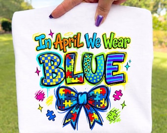 En abril vestimos de azul PNG, diseño de lazo coqueto de concienciación sobre el autismo, sublimación de lazo coqueto de autismo, camiseta de mamá de autismo, neurodiversidad png