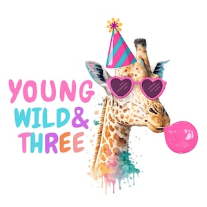 Ung vild tre födelsedagsgiraff PNG, Safari Zoo Party småbarnsdesign (digital nedladdning)