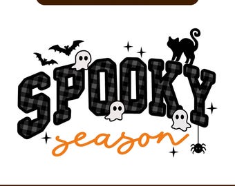 Spooky Season PNG SVG, Plaid Halloween Shirt Design, Ghost Bat Cat Pumpkin, Fall Sublimation, Instant Download File