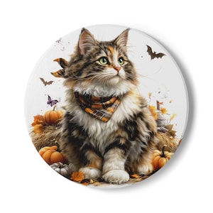 Norwegian Forest Cat Ceramic Coaster: Whimsical Fall Decor