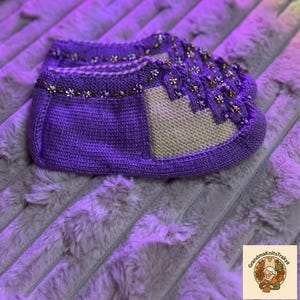 Handmade Purple Yellow Floral Knitted Slippers - Wool House Shoes - Womens Gift