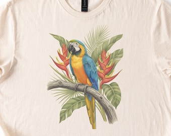 Tropical Parrot Tshirt, Jungle Bird Tee, Exotic Nature Shirt, Colorful Wildlife Top, Botanical Rainforest Art T-Shirt, Vintage Macaw T shirt